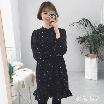 印花洋裝 韓版秋冬打底裙荷葉邊魚尾碎花裙寬鬆顯瘦長袖圓點襯衫洋裝 LN4905《小桃美衣》蝦皮上市《小桃美衣》新品上市