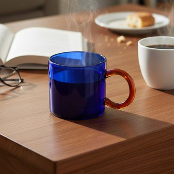 【玻璃杯】藍棕透杯 340 ml - 深海與夕陽 馬克杯