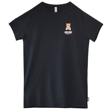 MOSCHINO UNDERBEAR 希臘製泰迪熊字母LOGO圖騰棉質圓領T恤寬長版上衣(黑/ZUA1910)