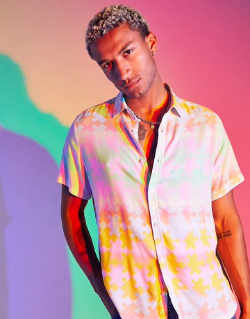 ASOS DESIGN relaxed shirt in pastel puzzle piece print-Multi