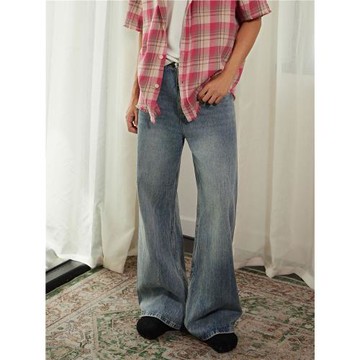 HermitCreate水波紋喇叭寬松牛仔褲Cleanfit水洗做舊破壞長褲高腰