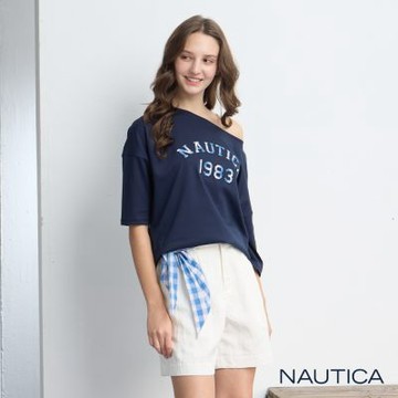 Nautica 官方旗艦 女裝 格紋字母印花短袖T恤-深藍色