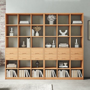 台灣公司貨 開發票 免運 全實木松木書架落地置物架客廳玄關柜一體靠墻展示架多層格子書柜 快速發貨