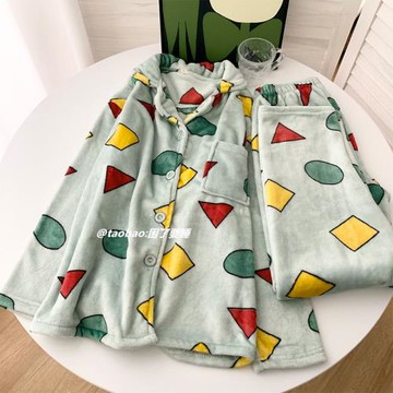 日系蠟筆小新情侶款法蘭絨睡衣秋冬季可愛幾何保暖加厚家居服套裝