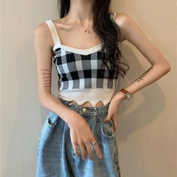 女士背心 小可愛 夏季格子背心 外穿短款無袖上衣 吊帶背心 女修身顯瘦內搭針織吊帶 女生背心【不二雜貨】