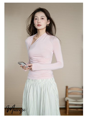 Moonsee 設計個斜領褶皺彈力修身長袖上衣