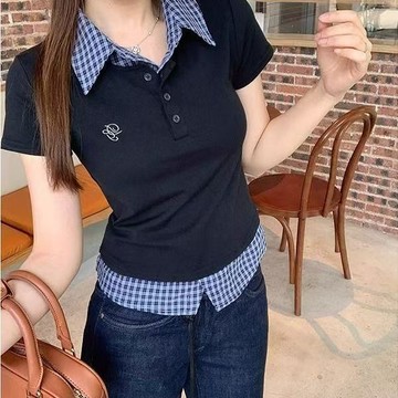 學院風 POLO衫   假兩件polo衫t恤女夏季撞色拼接修身顯瘦美式短袖學院風休閒上衣