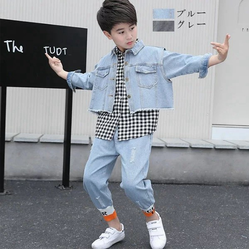 韓国子供服 セットアップ 春秋 キッズ 男の子 上下セット 3点セット シャツ ベスト ズボン デニムベスト チェック柄シャツ 長袖 長ズボン かっこいい ジュニア服 通販 Lineポイント最大get Lineショッピング
