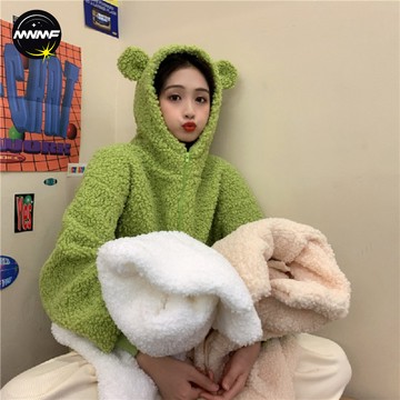 【MNMF】🍀有貨🍀【大量熱銷，足碼】羊羔毛秋冬小熊耳朵有趣可愛外套女學生寬鬆連帽