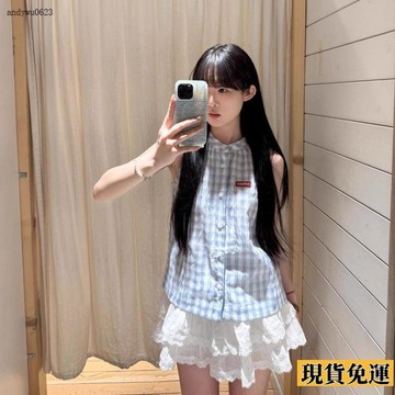 🌟全場免運🌟 藍色格子襯衫女2025 夏季 新款無袖法式絕美 上衣 高級感別緻漂亮小衫