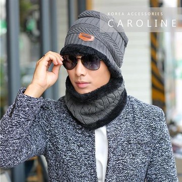 《Caroline》韓版秋冬套頭帽貼布加绒保暖針織毛線帽&圍脖2件套組71518