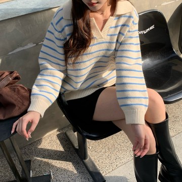 「FOR GIRLS」海鹽奶油捲 條紋撞色polo領毛衣（3colors）