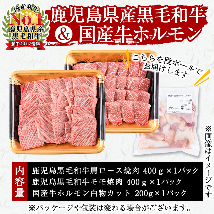 鹿児島県産黒毛和牛肩ロース・モモ・国産ホルモンの焼肉3種セット＜計1kg＞ b0-087