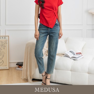 現貨【MEDUSA 曼度莎】I Care 金釦帶刷色顯瘦直筒牛仔褲（M-XL）｜女長褲 高彈性牛仔