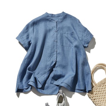 夏日透氣首選 上質亞麻短袖襯衫 亦可當罩衫 100%亞麻 帶灰調的藍色 250513-4