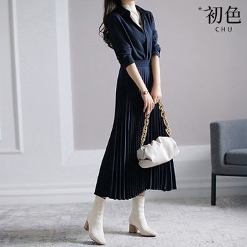 初色 純色翻領長袖收腰排釦A字裙中長連衣裙連身洋裝-藏青色-16329(M-XL可選)