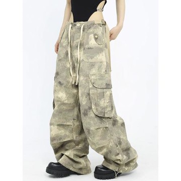 TT22美式復古淺色系迷彩多口袋工裝松緊長褲男女白色寬松顯瘦直筒