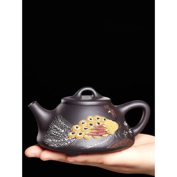 尊壺宜興純全手工紫砂壺堆繪孔雀子冶石瓢原礦黑泥泡茶壺泥繪茶具