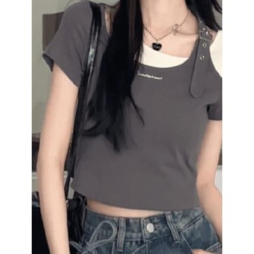 SOOSLU 純欲拼接假兩件短袖T恤女2025夏季美式短款辣妹顯瘦小個子