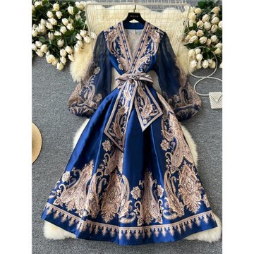 高端名媛晚宴派對禮服女平時可穿連衣裙歐美收腰綁帶一片式連衣裙