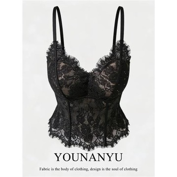 法式黑色睫毛蕾絲吊帶女內搭帶胸墊背心性感美背絕美漂亮抹胸上衣