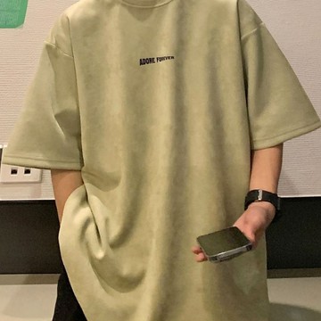 夏季新款 簡約字母印花麂皮絨短T M-3XL 落肩 oversize 休閒短袖 情侶裝 男生短袖