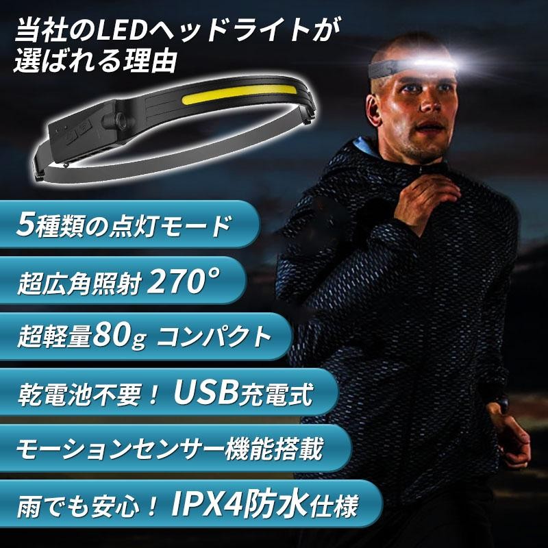 ヘッドライト ランプ 充電式 最強 ルーメン センサー led 軽量 cob usb