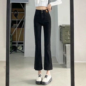 春秋新款高腰顯瘦百搭九分小個子菸灰微喇牛仔褲女直筒開叉喇叭褲 小雙女微喇叭牛仔褲 小個子高腰顯瘦百搭開叉牛仔褲