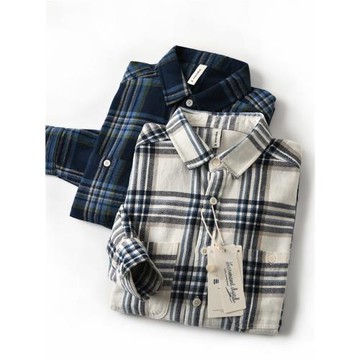 外貿尾單棉質磨毛潮流格子口袋寬松休閑長袖襯衫襯衣男士春季0661