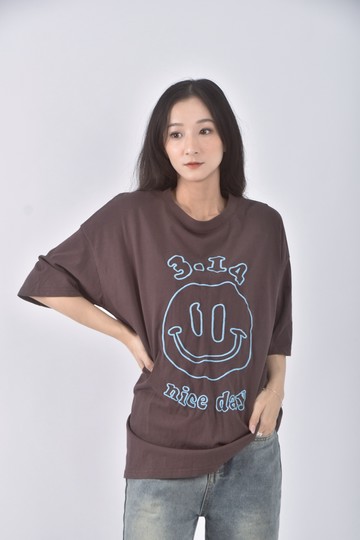 (XL) 質感笑臉棕色短袖上衣