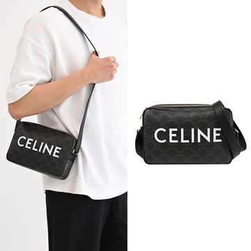 CELINE TRIOMPHE 經典LOGO塗層印花斜背方包/信差包.深咖/黑