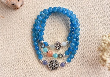 太陽石+天河石+月光石+磷灰石+拉長石純銀多圈水晶手鍊