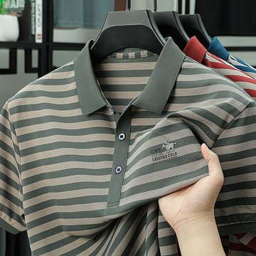 【夏季新品 短袖POLO衫 短袖上衣 工作服 冰絲涼感】夏季新款男士短袖商務條紋翻領T恤休閑POLO上衣中年爸爸裝