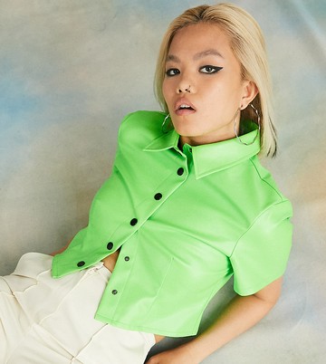 COLLUSION boxy short sleeve shirt in green PU