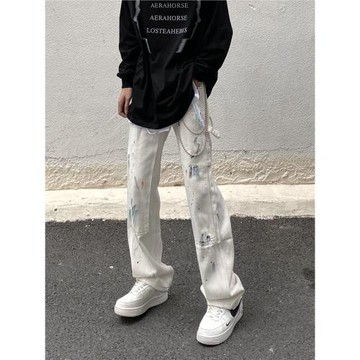 高街美式涂鴉潑墨白色牛仔褲男寬松直筒潮牌痞帥設計感闊腿長褲子
