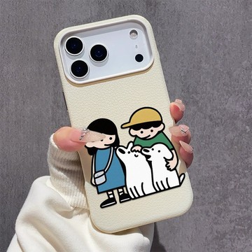 簡約線條小狗 iPhone17手機殼 蘋果16plus大孔皮紋 15pro軟殼 14 13 12 11日常防撞防摔手機殼