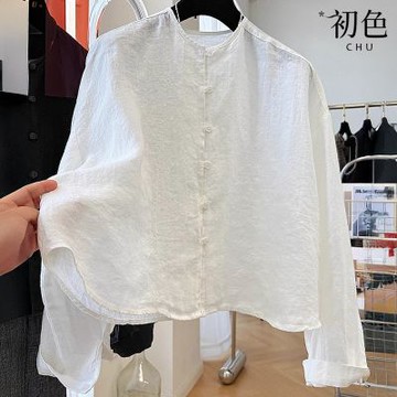 初色 簡潔純色排扣圓領長袖防曬襯衫上衣女上衣-共2色-14321(M-2XL可選)