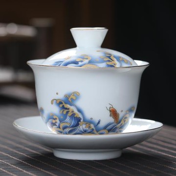 琺瑯彩魚躍龍門蓋碗羊脂玉瓷敬茶杯陶瓷三才碗大容量泡茶碗宮庭風