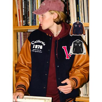 VISION官方  火焰系列oldschool寬松仿毛呢棒球夾克男女 款