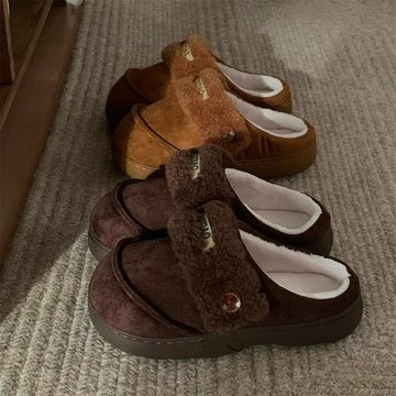 細細條 加絨保暖包頭拖鞋女冬增高防滑韓系復古風冬季戶外棉拖鞋