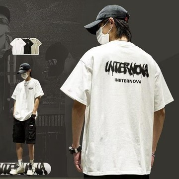 M-5XL 夏季美式高街寬鬆百搭字母印花短袖t恤男 ins潮流 情侶 大尺碼 印花t 五分袖 短袖男 男t（CN167）