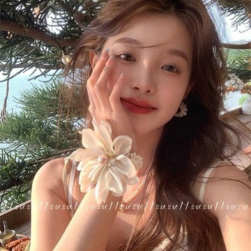 【蜜糖の髮飾】臺灣出貨韓系ins風精緻白色花朵珍珠大腸髮圈少女側邊低馬尾扎頭髮繩