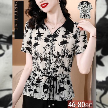 雪紡上衣翻領盤釦花卉雙色印花繫帶 M-3XL【151896X】【現+預】-流行前線-