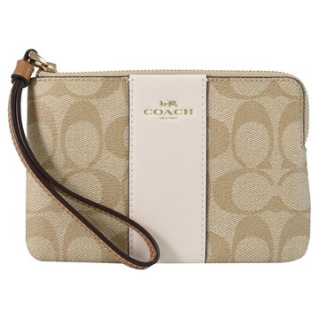 COACH Corner Zip 經典C LOGO印花拼接皮革手拿包(卡其/白)