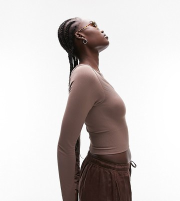 Topshop Tall seamless long sleeve v neck crop top in taupe-Brown