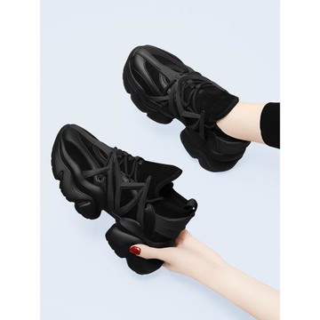 黑色厚底老爹鞋女款2025年新款春秋季旅游百搭增高顯腳小休閑運動