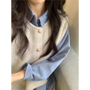 疊穿2025新款襯衫針織馬甲兩件套背心女春秋外穿韓系寬松坎肩上衣