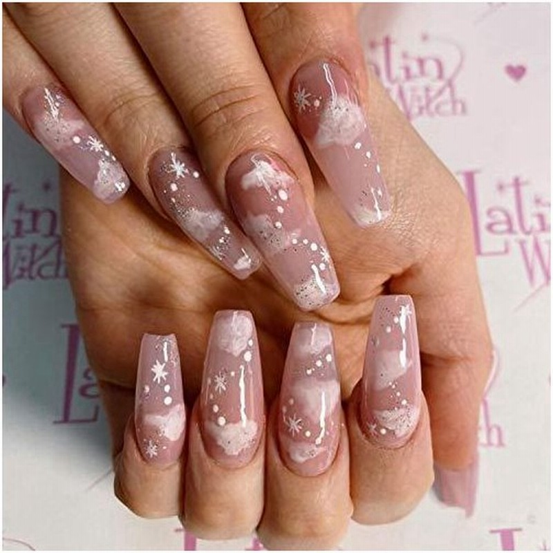 24pcs ヌードピンクの雲の偽の爪 Diyネイルアートサロンの女性の女の子のための長い棺の偽のネイルヌードクラウドバレリーナネイルのヒント 通販 Lineポイント最大get Lineショッピング