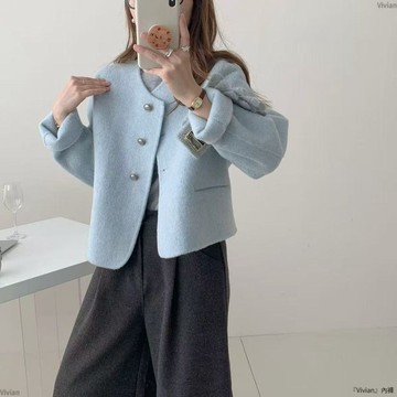小香風馬卡龍色系雙面羊絨大衣女短款氣質年韓版圓領羊毛外套