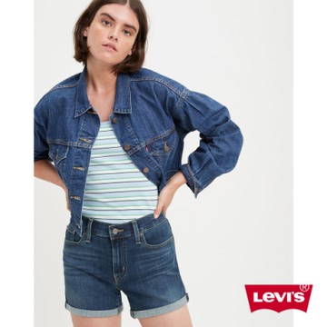 Levis 女款 中腰修腿牛仔短褲 深藍基本款 彈性布料